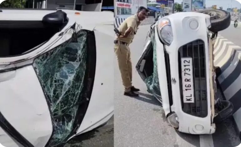 മേല്‍പ്പാലത്തിന്‍റെ ഡിവൈഡറിലിടിച്ച് കാര്‍ നിയന്ത്രണം വിട്ട് മലക്കം മറിഞ്ഞു…അപകടത്തിൽ ഒരാള്‍ക്ക്