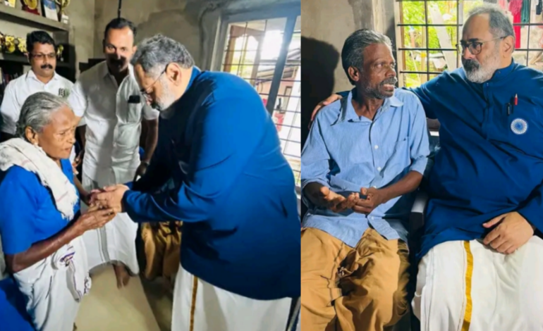 മെഡിക്കൽ കോളേജിൽ കെട്ടിടം തകർന്നു മരിച്ച ബിന്ദുവിന്റെ വീട് സന്ദർശിച്ച് രാജീവ് ചന്ദ്രശേഖർ