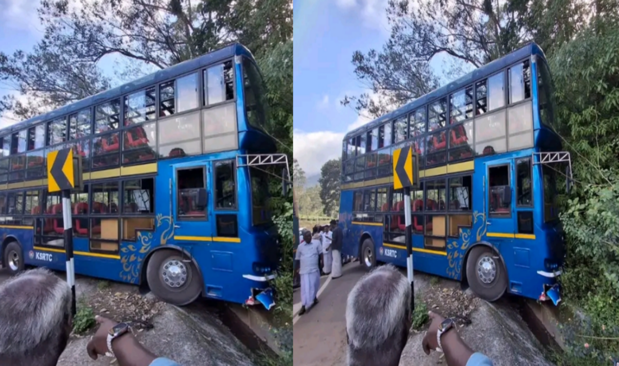 കെ എസ് ആര്‍ ടി സി ഡബിള്‍ ഡക്കര്‍ ബസ് നിയന്ത്രണം നഷ്ടപ്പെട്ട് അപകടത്തിൽ പെട്ടു