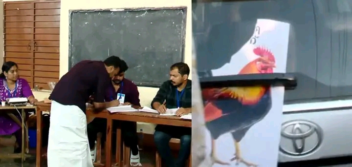 വോട്ട് ചെയ്യാനെത്തി രാഹുല്‍ മാങ്കൂട്ടത്തില്‍: കാറിൽ കോഴിയുടെ സ്റ്റിക്കർ പതിച്ച് സിപിഎം പ്രതിഷേധം
