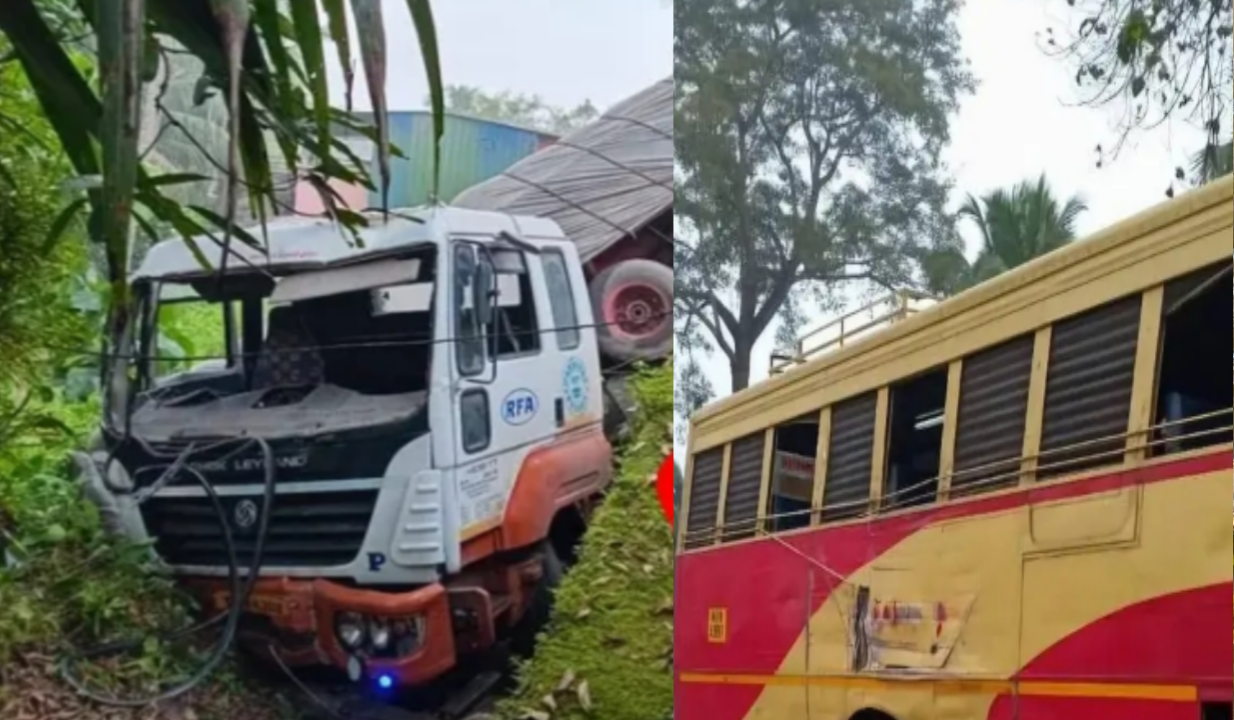 പുനലൂരിൽ ട്രൈലെർ താഴ്ചയിലേക്ക് മറിഞ്ഞ് അപകടം