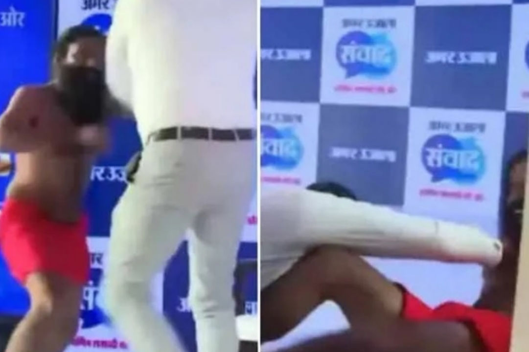 വേദിയില്‍ സൗഹൃദ ഗുസ്തി: മാധ്യമപ്രവര്‍ത്തകനെ തോല്‍പ്പിക്കാനിറങ്ങിയ ബാബയ്ക്ക് തിരിച്ചടി