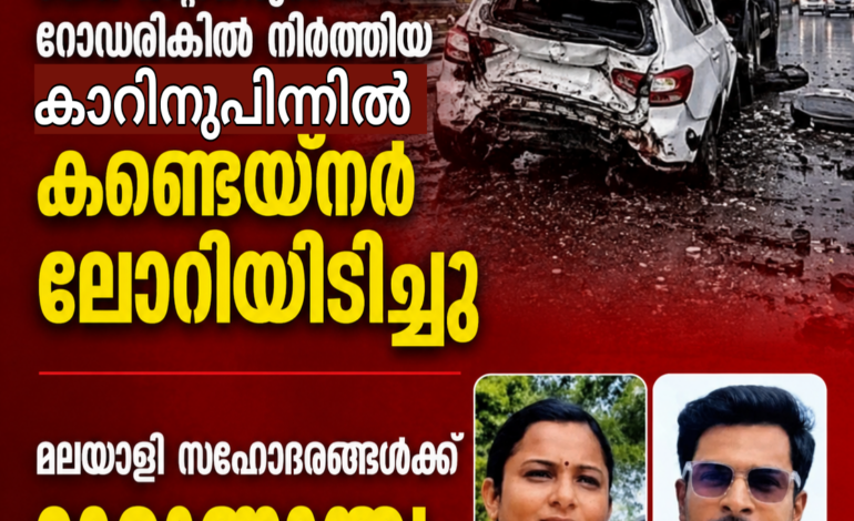 ടയര്‍ മാറ്റിയിടുന്നതിനായി റോഡരികില്‍ നിര്‍ത്തിയ കാറിന് പിന്നില്‍ കണ്ടെയ്‌നര്‍ ലോറിയിടിച്ചു :മലയാളി സഹോദരങ്ങള്‍ക്ക് ദാരുണാന്ത്യം