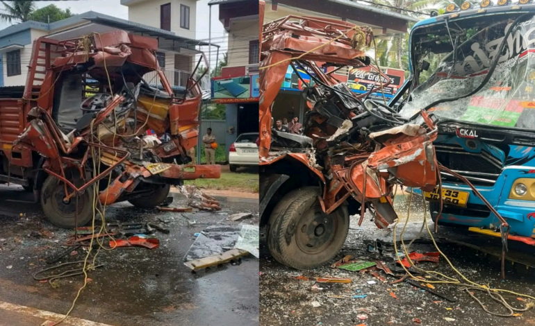 തിരുവല്ലയിൽ സ്വകാര്യ ബസ്സും ടിപ്പറും കൂട്ടിയിടിച്ചു:ടിപ്പർ ലോറി ഡ്രൈവർ മരിച്ചു:21 ബസ് യാത്രക്കാർക്ക് പരിക്ക്